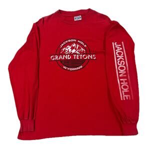 Vintage 80s Hanes Beefy T Long Sleeve Red Jackson Hole Wyoming Grand Tetons XL